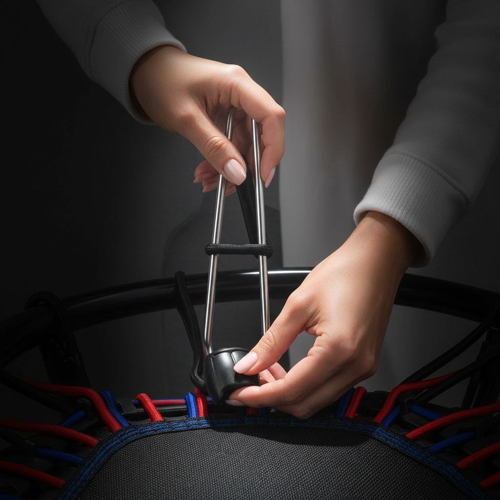 Trampoline bungee cords with installation tool, hands tightening black cord loop