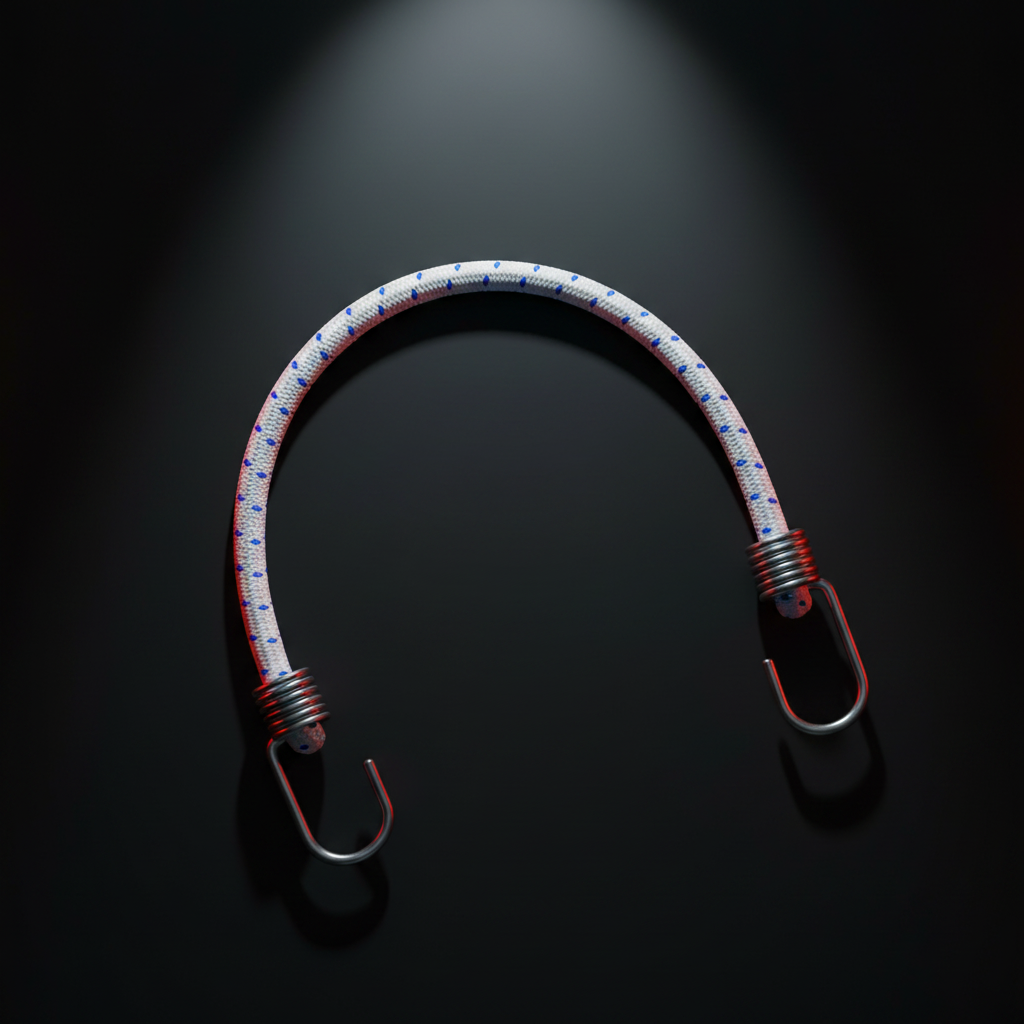 Bungee cord assembly with hooks, speckled blue-gray cord and red ends