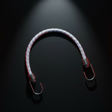 Bungee cord assembly with hooks, speckled blue-gray cord and red ends