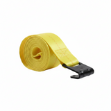 Rolled yellow winch strap with black flat hook, red stitch line detail