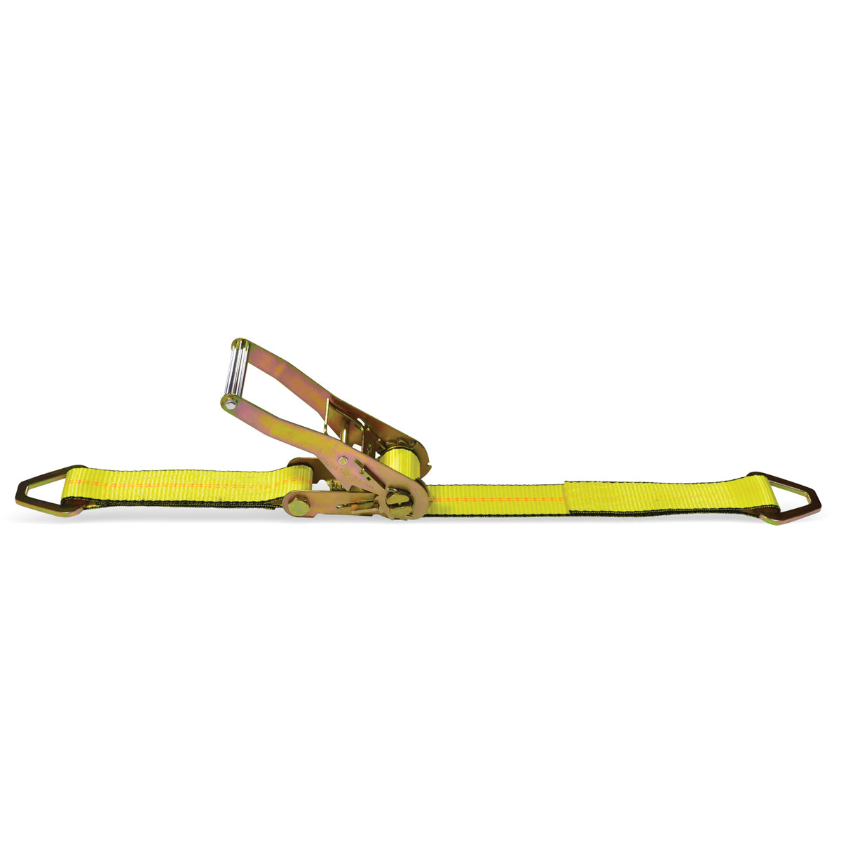 Yellow ratchet tie-down strap with metal ratchet and hooks, 2 in wide.