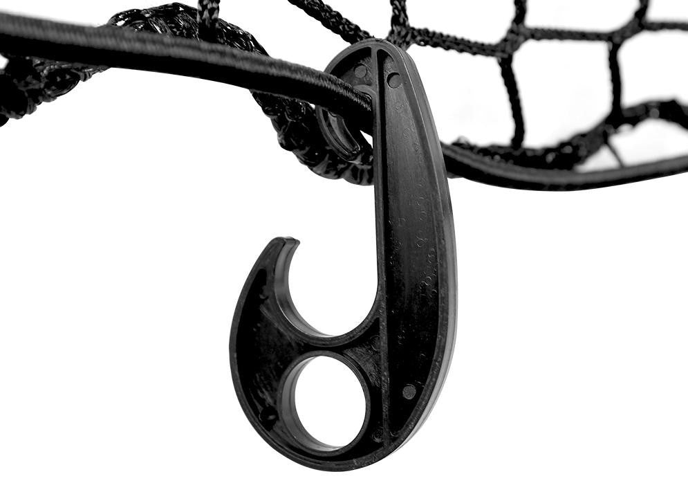 3-5/8 in stretch net hook with curved black metal eye and mounting holes