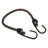Black bungee cord with red dotted pattern and curved metal hook ends