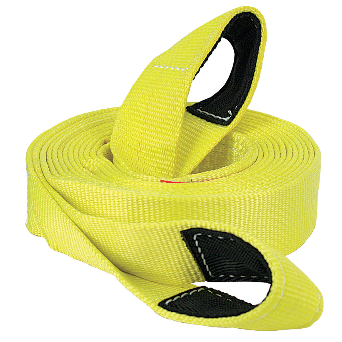 Vehicle recovery strap with loop, yellow webbing and black reinforced ends