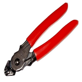 Crimping pliers with red grips and steel jaws, angled close-up