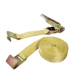 Yellow ratchet tie-down strap with flat metal hook and coiled webbing.
