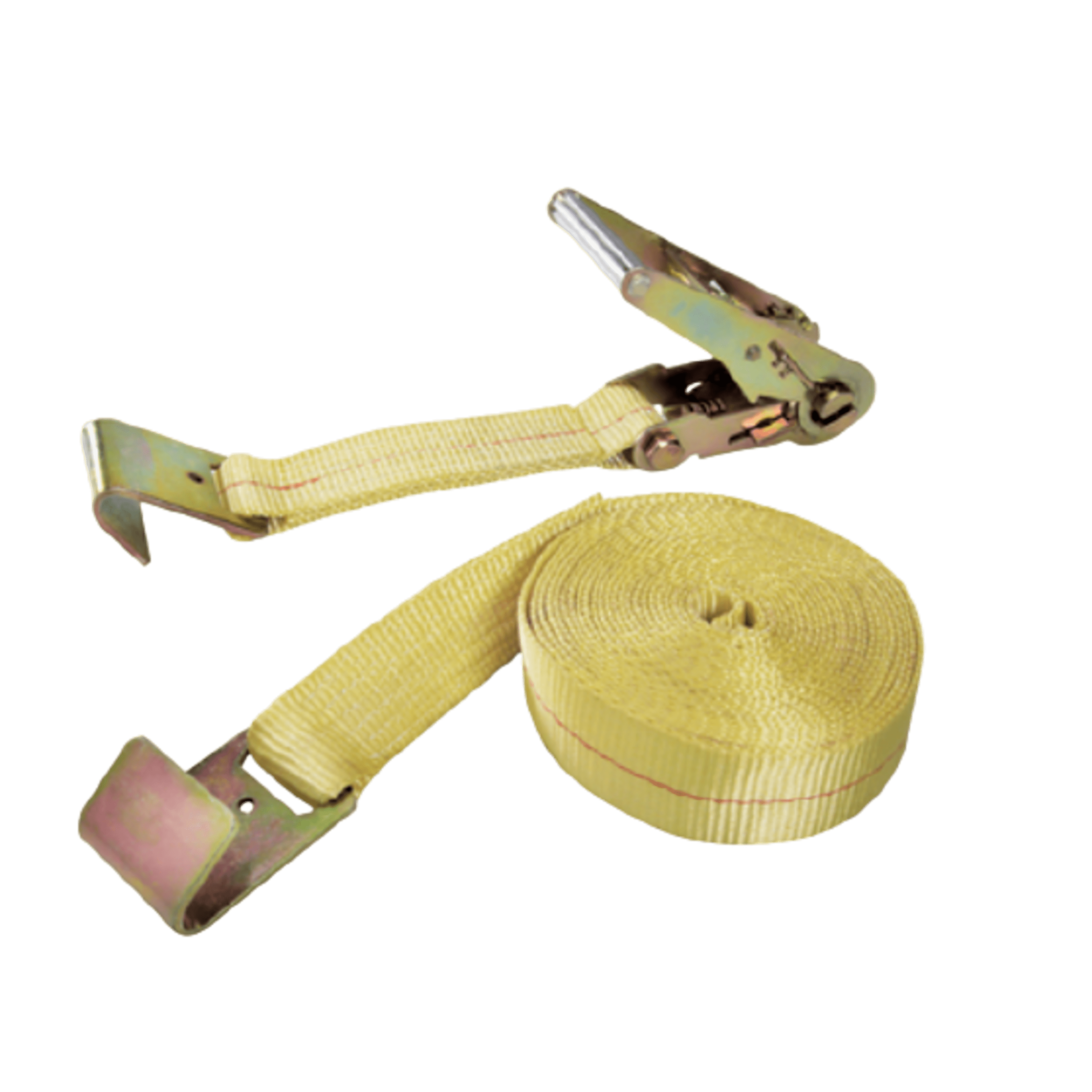 Yellow ratchet tie-down strap with flat metal hook and coiled webbing.