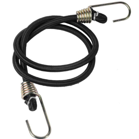 Black bungee cord assembly with gold coil spring clamp and metal hook