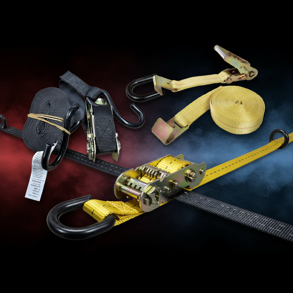 Heavy-duty ratchet straps and tie-down assemblies