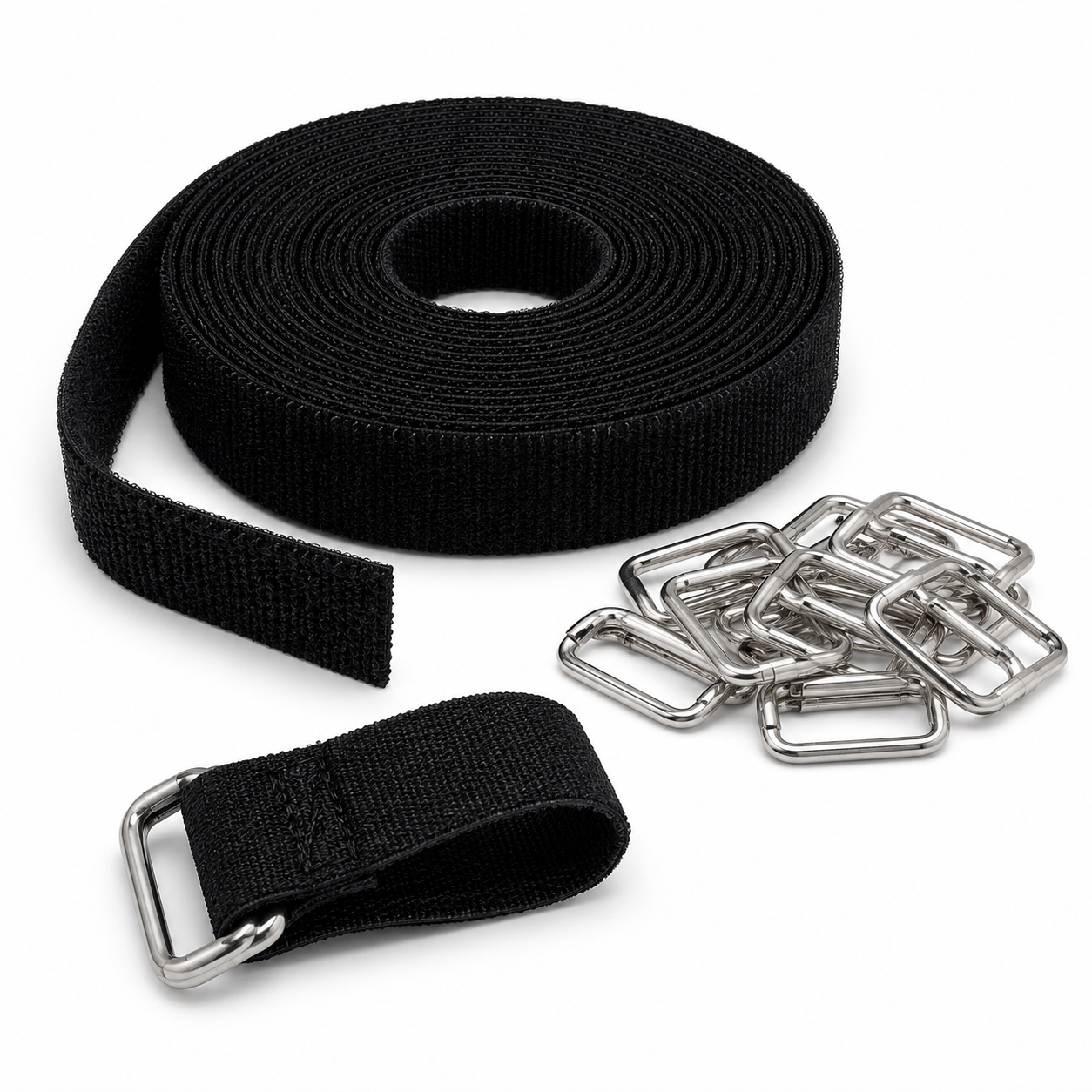 Black hook-and-loop cinch strap roll with fifteen metal buckles