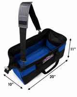 Emergency tow strap storage bag dimensions shown: 10 in high, 20 in long, blue interior