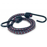 Blue bungee cord with red speckle pattern and black hook ends