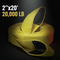 Yellow 2-inch by 20-foot heavy-duty tow strap with reinforced black loop eyes, rated 20,000 lb breaking strength.