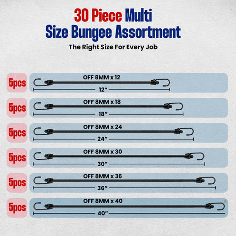30pc Heavy Duty Bungee Cord Kit – Industrial Grade Tie Downs