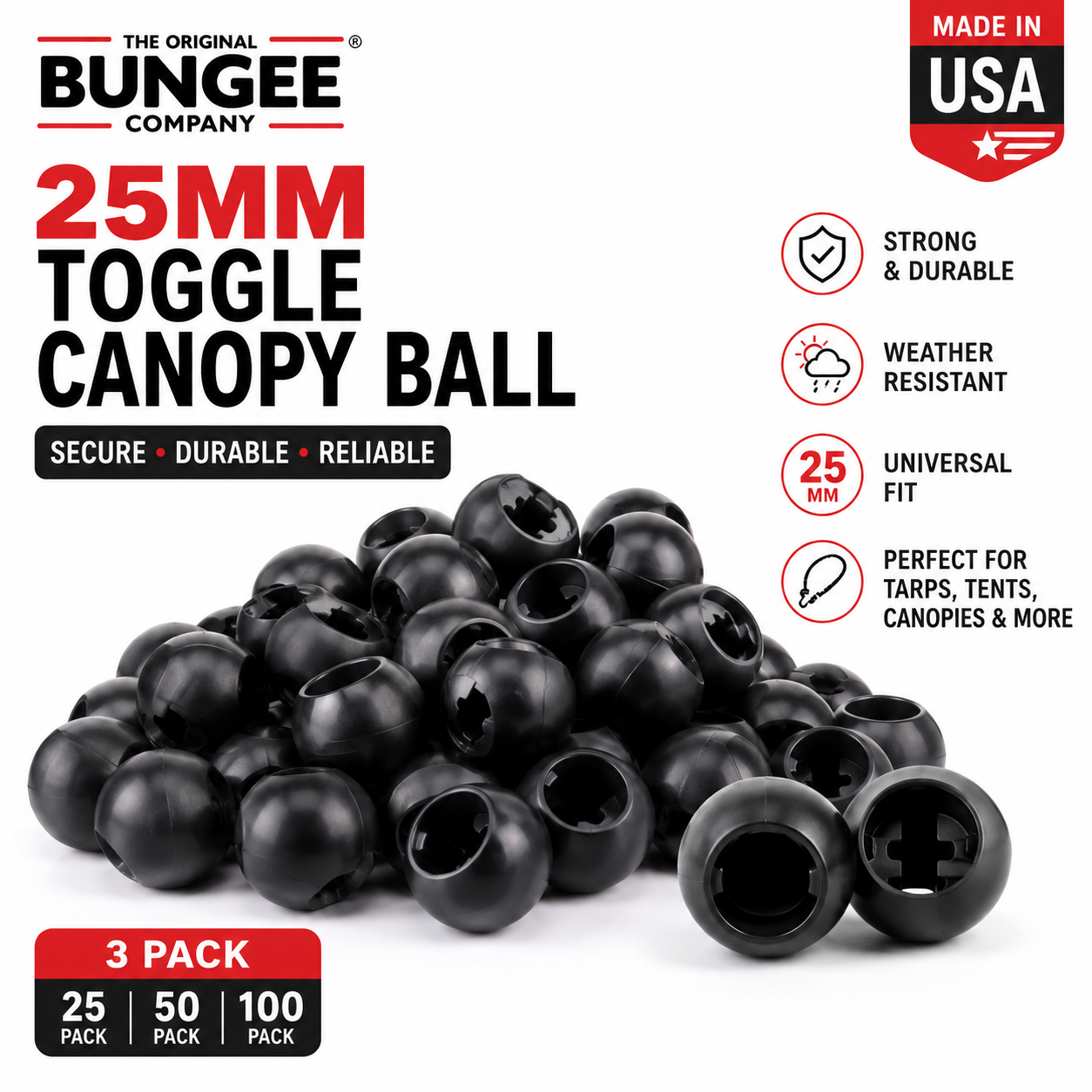 Set of black 25mm toggle canopy ball ends, assorted balls