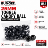 25-pack of black 25mm toggle canopy balls in clear plastic bag
