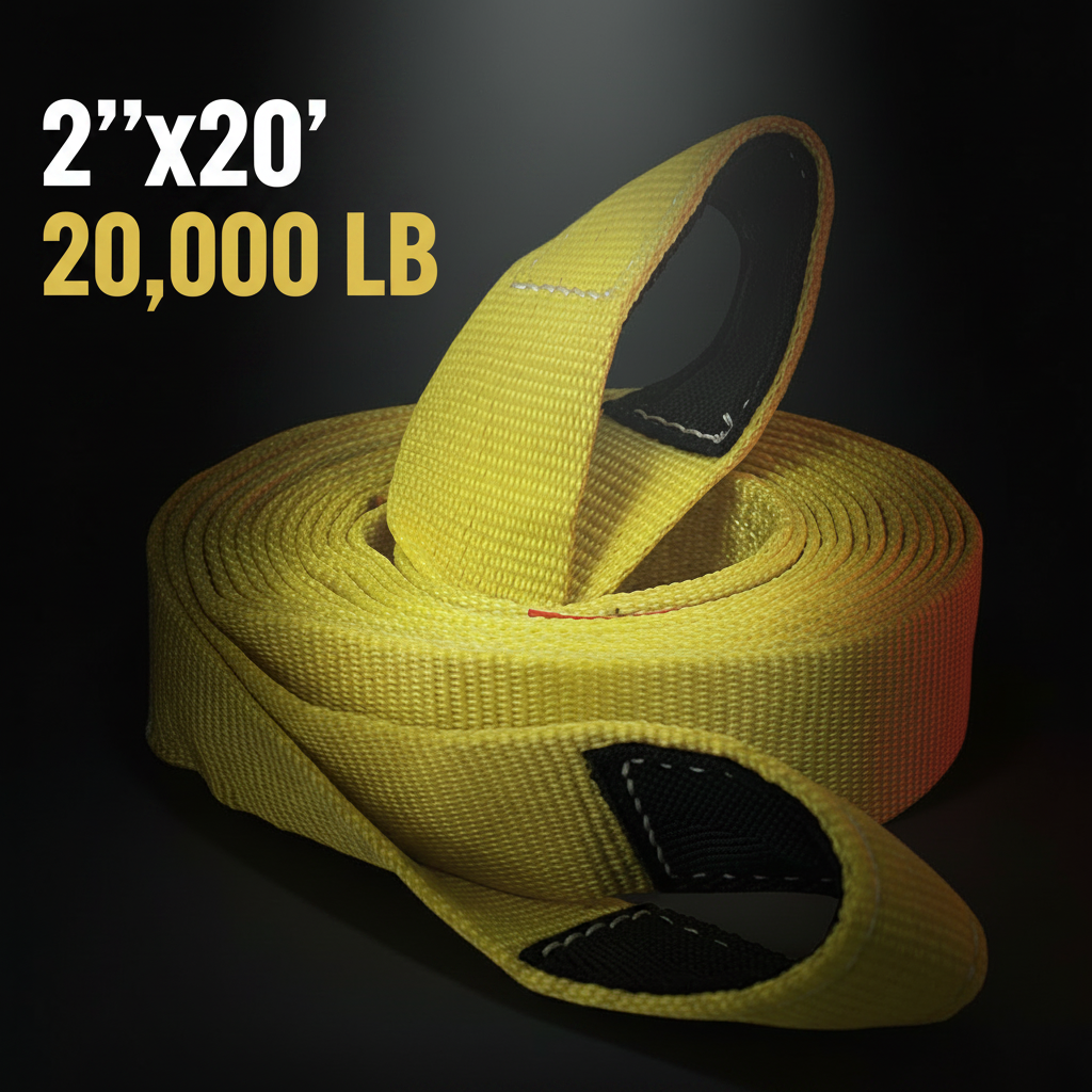 Vehicle recovery strap coiled with loop, yellow webbing and black anchor pads