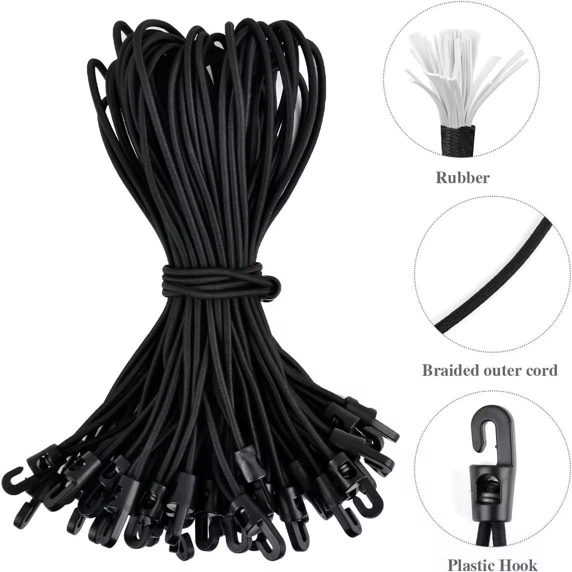 Braided black bungee cords with plastic hooks, multiple loops bundled