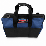 Emergency tow strap storage bag front view with blue logo panel and black carry handle