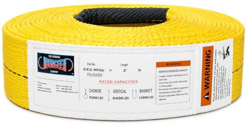 Yellow polyester web lifting sling with black covered eye and white capacity label