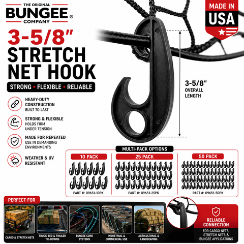 Black 3-5/8 in stretch net hook attached to cord mesh, heavy-duty plastic.