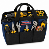 Emergency tow strap storage bag with tools in front pockets, blue and black organizer