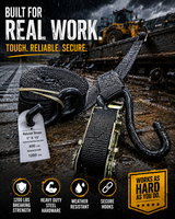 Black 1 in x 15 ft ratchet strap with S-hooks and ratchet buckle