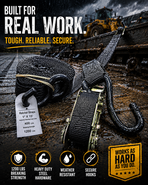 Ratchet strap with hardware on a rustic background with text highlighting features.