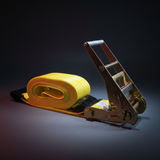 Yellow ratchet strap roll with metal ratchet lever and tie down webbing, 4 in