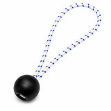 Bungee ball assembly with black ball and blue-and-white striped cord