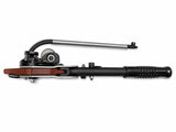 Hog ring tool with black grip and metal crimp head, attached spring rod