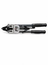 Hog ring tool with silver head plate and black grips, angled view