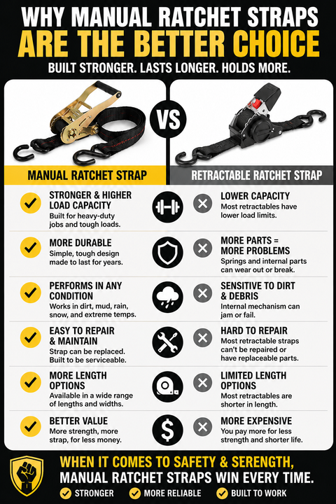 Comparison chart of manual and retractable ratchet straps with pros and cons listed.