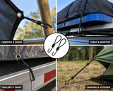 Bungee cord tie-down loops with metal hooks, shown securing a canopy and tarp