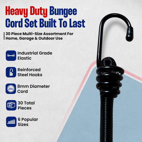 30pc Heavy Duty Bungee Cord Kit – Industrial Grade Tie Downs