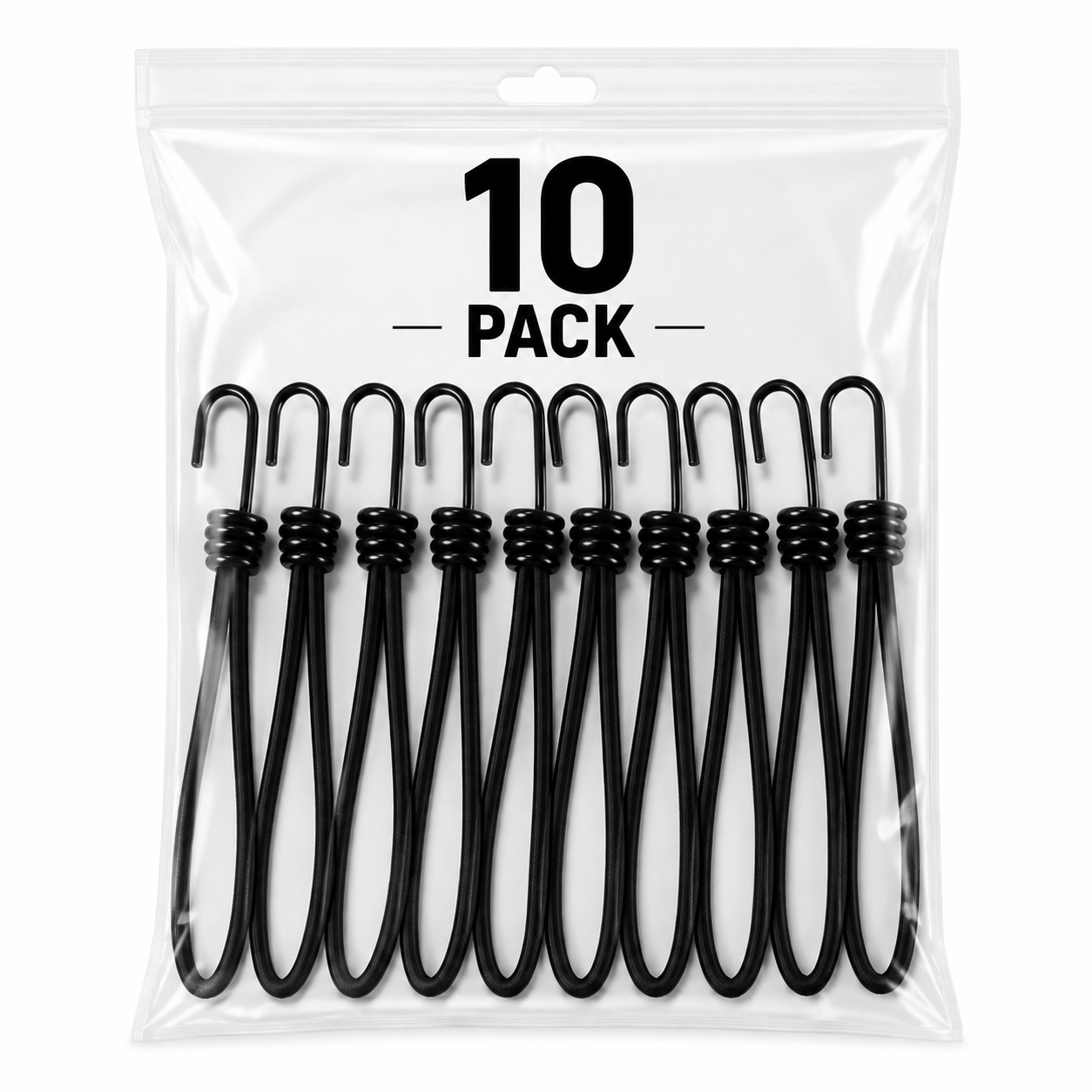 Black bungee cord loop ties with metal hooks, 10-pack