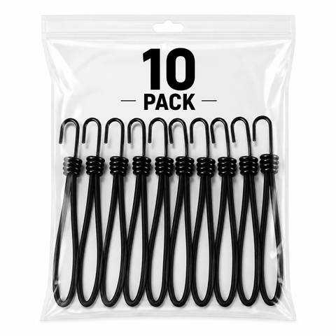 Black bungee cord loop ties with metal hooks, 10-pack