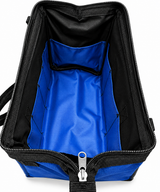 Emergency tow strap storage bag open, showing blue interior with black mesh pocket