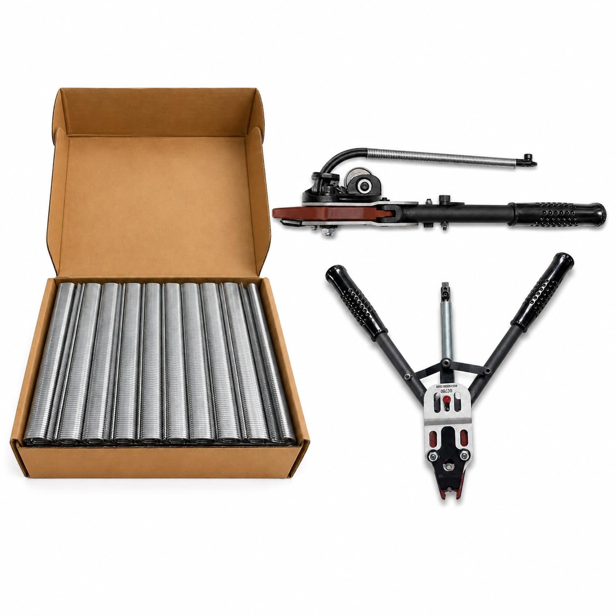Hog ring tool and crimp kit kit with open box of silver C-ring staples and two tools