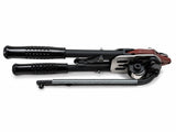 Hog ring tool with black handles and silver crimp mechanism, side view
