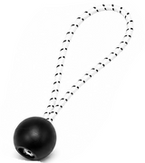 Bungee ball assembly with black ball and white-and-black striped cord