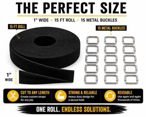 Hook-and-Loop Cinch Strap Kit – 15 ft Roll & 15 Buckles
