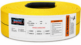 Polyester eye-and-eye lifting sling roll, yellow strap with black eye loop and warning panel
