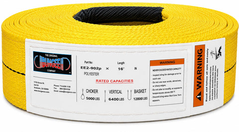 Polyester eye-and-eye lifting sling roll, yellow strap with black eye loop and warning panel