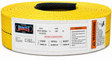 Polyester eye-and-eye lifting sling roll, yellow strap with black eye loops and safety label