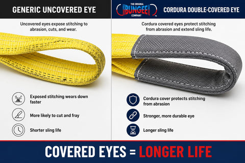 Yellow lifting sling showing cordura double-covered eye vs uncovered eye stitching