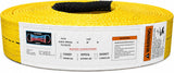Yellow polyester web lifting sling roll with black covered eye and warning label