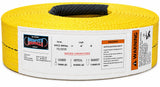 Yellow polyester web lifting sling roll with black eye and rated capacities panel
