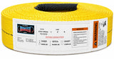 Yellow polyester web lifting sling roll with black eye and warning label