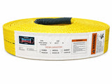 Polyester eye-and-eye lifting sling roll, yellow webbing with black eye and white capacity label